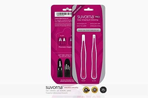 Suvorna Professional Tweezers for women facial hair - Sharp Pointed Tweezer & Slanted Eyebrow Tweezers for Women - Eyebrow Tweezer for Women, Lash tweezers and Splinter removal (4-inch size, Pink)