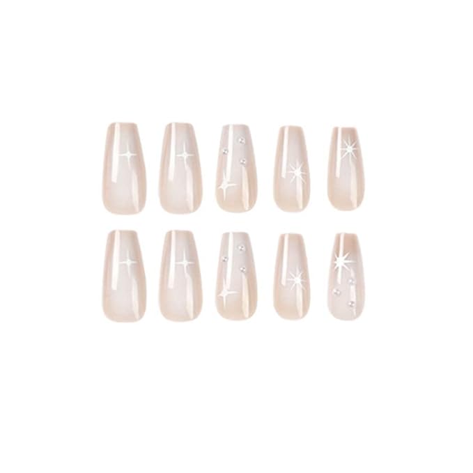 White Press on Nails Medium Long, Pearl Fake Nails Square Acrylic False Nails,Artificial Nails for Women and Girls 24 pcs