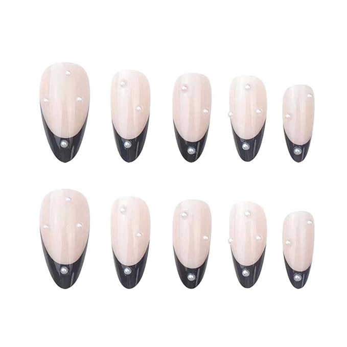 RikView French Tip Press on Nails Medium Acrylic Nails with Pearls Black Press on Nails Almond Fake Nails