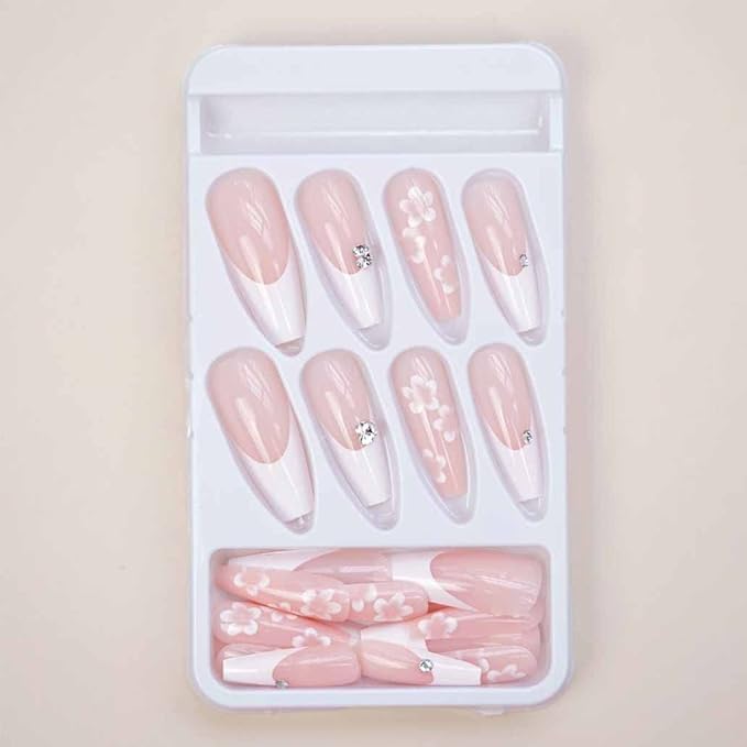 Coffin White Press on Nails Flower Fake Nails Long Acrylic Fake Nails Rhinestone French Nails Beautiful Nails for Women Girls -24Pcs