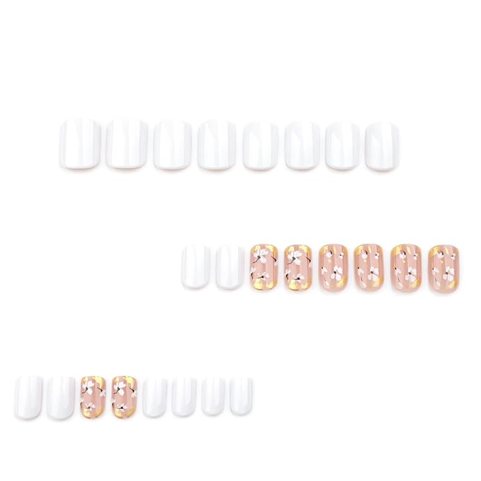 Fall Short Press on Nails Square, White and gold Fake Nails, Delicate Gold Foil Flower Designs, with a Few Nude Nails Featuring, Glossy Finish Acrylic Nails, Reusable Glue on Nails Kit