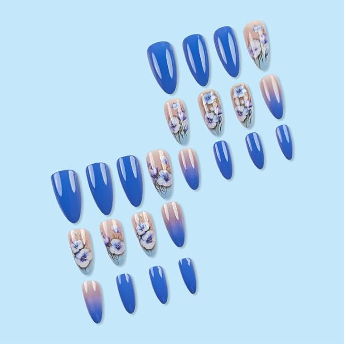 Flowers Press on Nails Medium Almond Fake Nails Blue Floral False Nails Ombre Acrylic Nails with Designs Gradient Artificial Nails for Women Girls Manicure Art Decoration