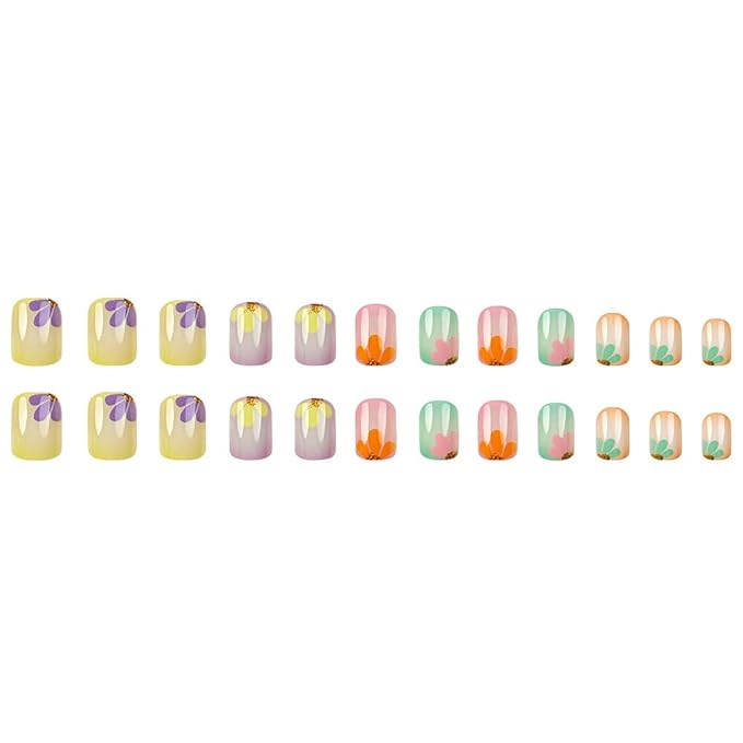 Square Press on Nails Short Fake Nails Colorful Artificial Nails Full Cover Acrylic Press on Nails with Glitter Petal Designs False Nails Cute Stick on Nails for Women Girls Nail Art Decoration 24PCS