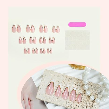 White French Tip Press on Nails Almond Medium Fake Nails Gold Stripes False Nails Full Cover Glossy Artificial Acrylic Stick on Nails for Women Manicure Decoration 24Pcs