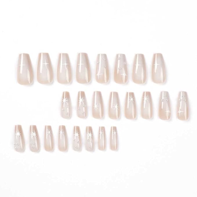 White Press on Nails Medium Long, Pearl Fake Nails Square Acrylic False Nails,Artificial Nails for Women and Girls 24 pcs
