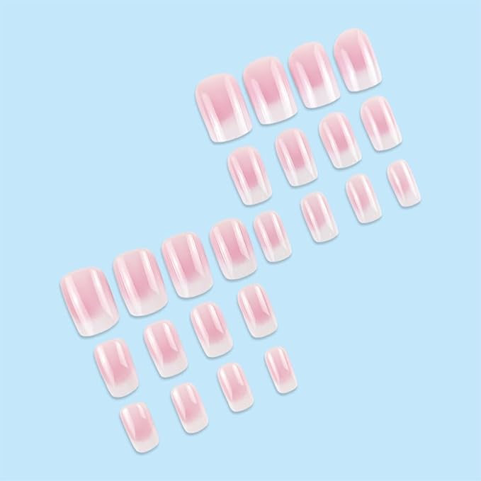 Short Press on Nails Square Fake Nails Pink White Gradient Acrylic Nails Press on Glossy French Tip Glue on Nails with Designs Medium False Nails with Glue Summer Artificial Nails for Women 24Pcs