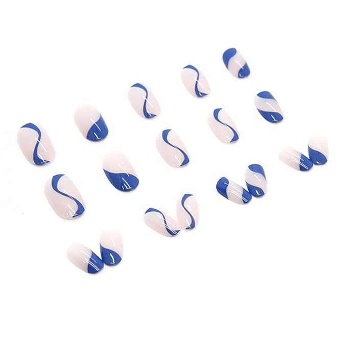 RikView French Tip Press on Nails Short Fake Nails Oval Blue Nails for Women with Swirls Design