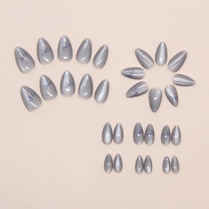 Silver Press on Nails Short Almond Fake Nails Cat Eye Acrylic Nails Glossy Shiny False Nails with Bow Artificial Nails Full Cover Glue on Nails for Women Girls Manicure Nails Decoration 24Pcs