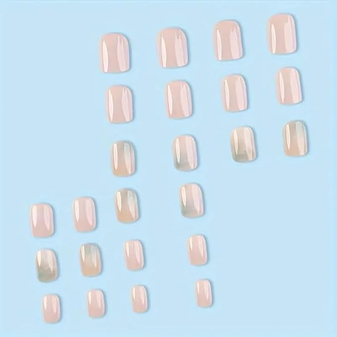 Short Square Press on Pink Marble Glossy Acrylic Nails with Ombre Design - Cute False Squoval Full Cover Glue on Nails for Women Girls - 24 Pcs