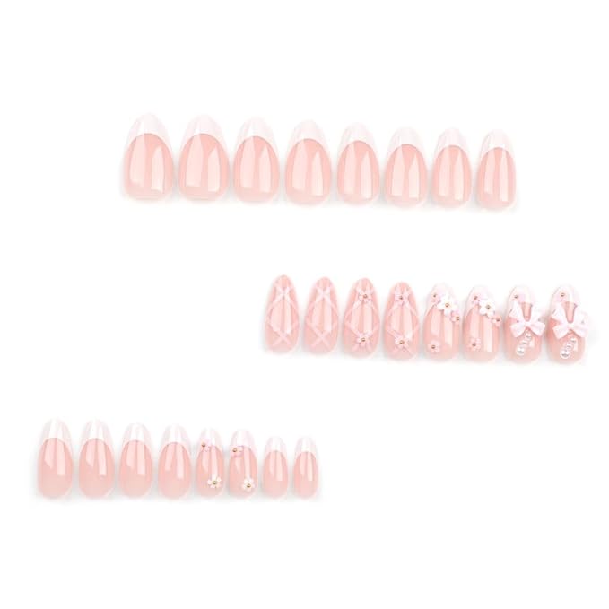 French Press on Nails Medium Rhinestone Pink Fake Nails Almond Bling Glossy 3D Flower False Nail Tips Artificial Nails Finger Manicure for Women&Girls -24 pcs