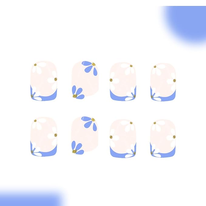 Flower Press on Nails Short Square Fake Nails Nude False Nails Floral Glossy Full Cover Acrylic Nails Spring Glue on Nails Artificial Cute Stick on Nails for Women Manicure 24Pcs