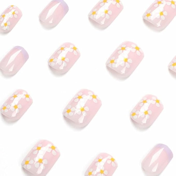 French Tip Press on Nails Short Square Fake Nails Flowers Acrylic Nails Floral False Nails Press ons Glossy Stick on Nails Cute Artificial Nails for Women Girls Nails Decoration Manicure 24Pcs