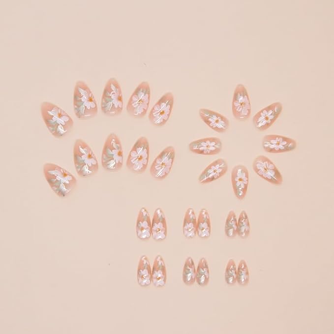 Flowers Press on Nails Short Almond Fake Nails Floral Acrylic Nails Nude Nature False Nails Daisy Flower Glue on Nails Artificial Nails for Women Girls Manicure 24Pcs