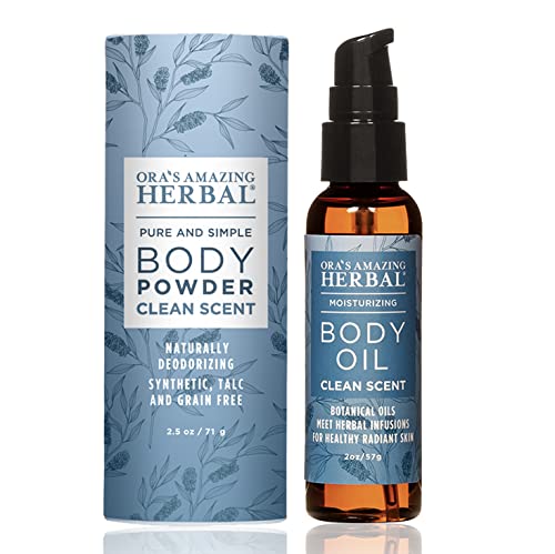 Ora's Amazing Herbal Natural Body Powder and Oil Set, Dusting Powder, Body Oil, No Talc, Corn, Grain, Gluten, Clean Scent 2.5 oz with Travel Size Clean Scent Oil 2 oz