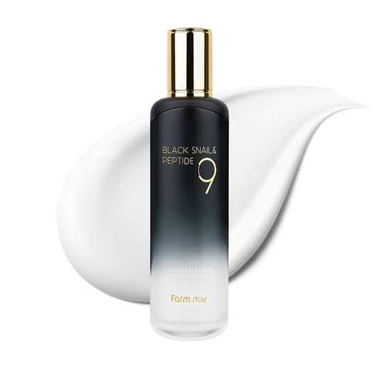 FARMSTAY Black Snail & Peptide 9 Perfect Emulsion, Snail Mucin Moisturizer for Elastic & Glow, Hydrating & Soften, Anti-aging, Barrier Repair, for Women & Men, Korean Skin Care, 4.05 fl.oz