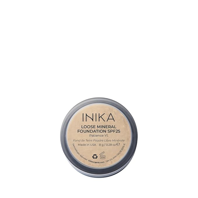 INIKA Organic Mineral Powder Foundation with SPF 25 - Vegan Makeup, Natural Looking, Buildable Coverage, Flawless Radiance & Glow, Blemish Coverage, Cruelty Free, Sustainable Packaging, Patience, 8g