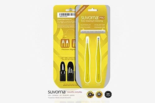 Suvorna Professional Tweezers for women facial hair - Sharp Pointed Tweezer & Slanted Eyebrow Tweezers for Women - Eyebrow Tweezer for Women, Lash tweezers and Splinter removal (4-inch size, Yellow)