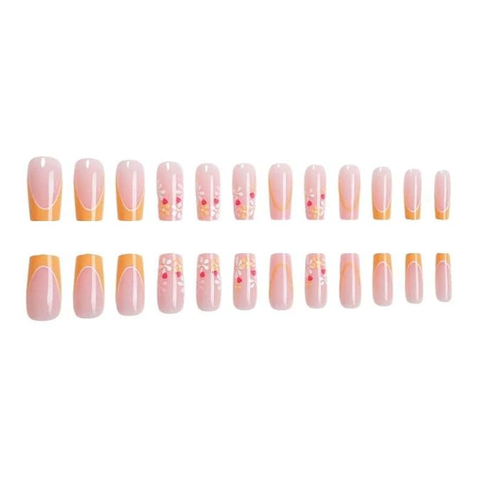 Medium Press on Nails Square Shape Cute Fake Nails with Flower Design Yellow French Tip False Nails Summer Glue on Nails for Women 24pcs