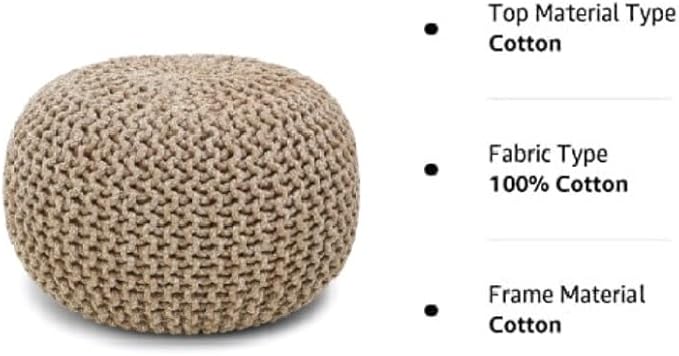 REDEARTH Round Pouf Ottoman - Hand Knitted Cable Boho Poof Home Décor Pouffe Circular Footrest for Living Room - Nursery - Bedroom - Lounge 100% Cotton (18”x18”x14”) - Beige Ivory
