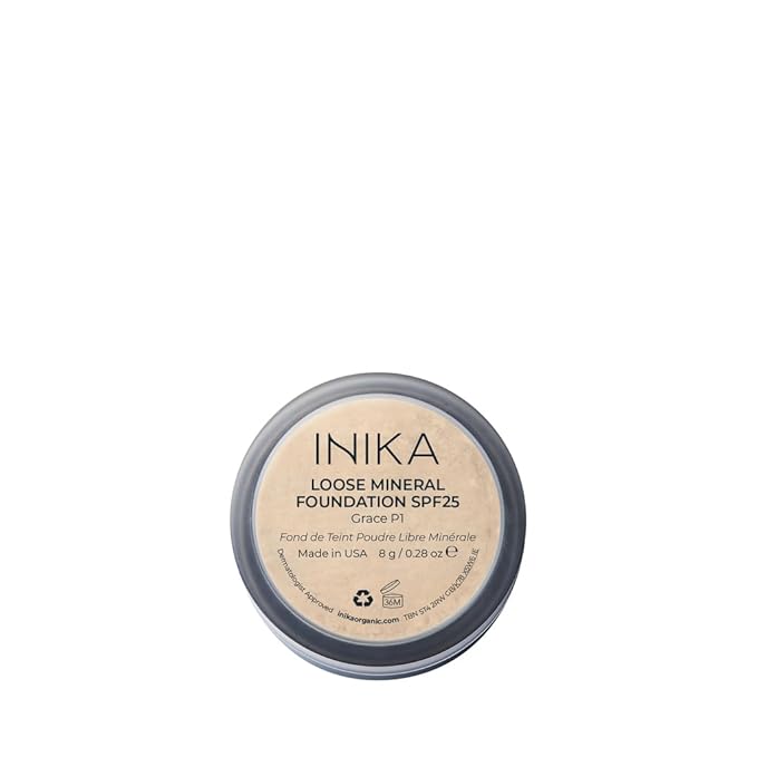 INIKA Organic Mineral Powder Foundation with SPF 25 - Vegan Makeup, Natural Looking, Buildable Coverage, Flawless Radiance & Glow, Blemish Coverage, Cruelty Free, Sustainable Packaging, Grace, 8g