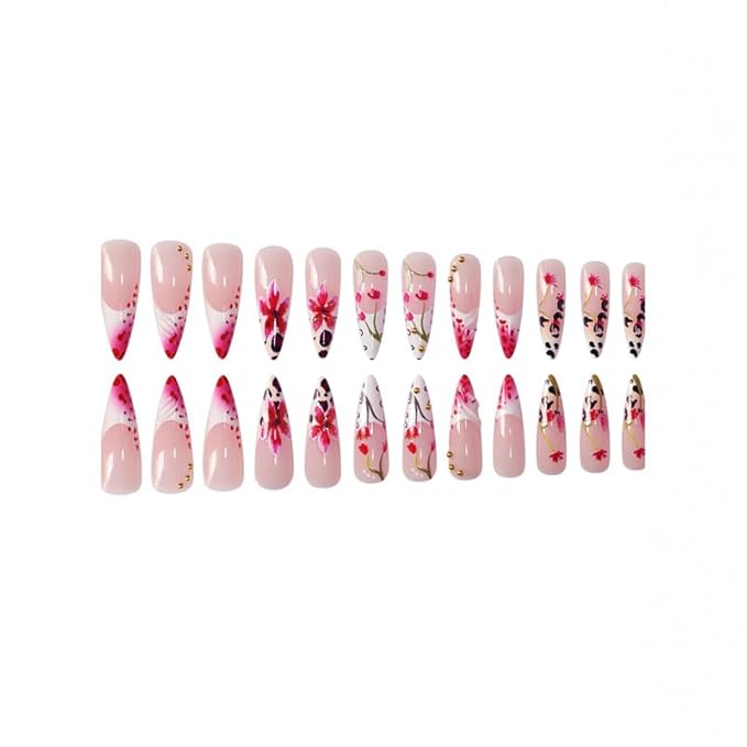 Long Press on Nails Almond False Nails Nude Fake Nail Pink Stick on Nail with Red 3D Flower Leopard Print Glamorous Manicure for Women 24pcs