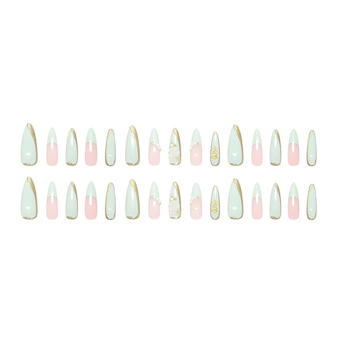 24Pcs Green French Tip Press on Nails Long Almond Fake Nails with 3D Rose Flower Pearl Rhinestones Design Acrylic False Nails Gold Lines Glue on Nails Glossy Full Cover Stick on Nails for Women Girls