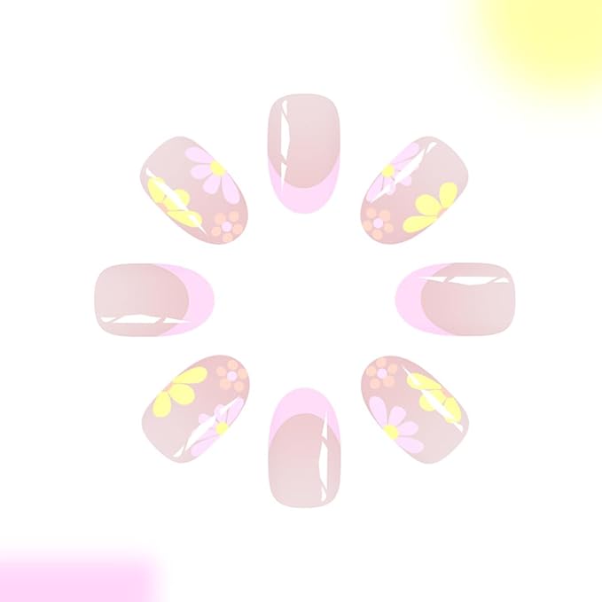 Short Almond Press on Nails French Tip Fake Nails with Flower Design Summer Glue on Nails Glossy False Nails Pink Nail Tips Artificial Acrylic Full Cover Stick on Nails for Women Manicure 24Pcs