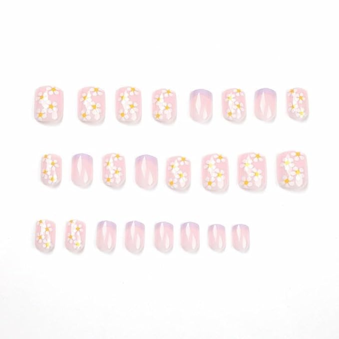 French Tip Press on Nails Short Square Fake Nails Flowers Acrylic Nails Floral False Nails Press ons Glossy Stick on Nails Cute Artificial Nails for Women Girls Nails Decoration Manicure 24Pcs