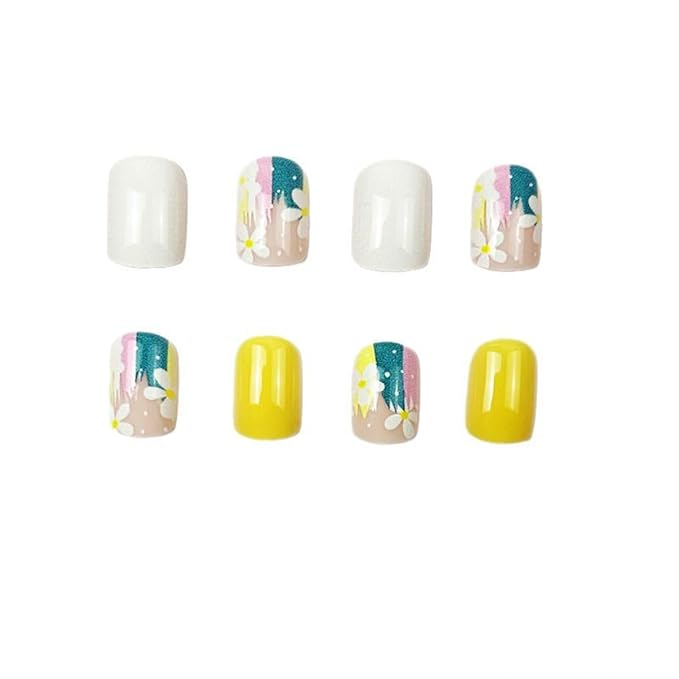 Flower Press on Nails Short Square Fake Nails Pink False Nails Floral Glossy Full Cover Acrylic Nails Spring Glue on Nail Artificial Cute Stick on Nail for Women Manicure 24Pcs