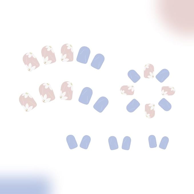 Square Press On Nails Short Fake Nails Blue False Nails With Flower Design Spring Glue On Nails Full Cover Artificial Nails Glossy Floral Stick On Nails For Women Manicure Art 24pcs