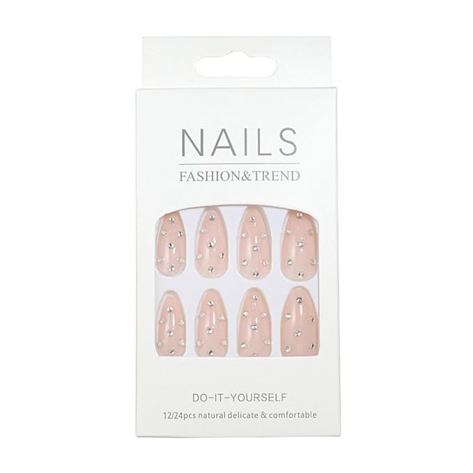 Nude Rhinestone Rhinestone Press On Nails Medium Almond False Nails 24Pcs Glue On Nails Artificial Acrylic Full Cover Glossy Stick On Nails