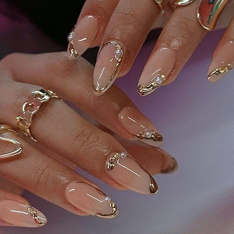 Press on Nails Almond Fake Nails French Tip False Nails Press ons Medium Gold Line Glue on Acrylic Nails Glossy Full Cover for Women Manicure Decoration 24Pcs