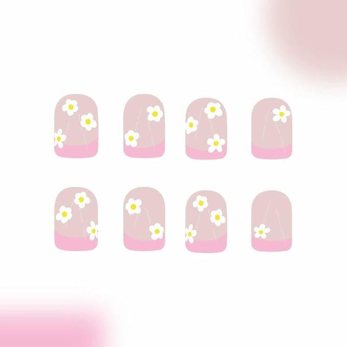 French Tip Press on Nails Short Square Fake Nails Flowers Acrylic Nails Cute Floral False Nails Glossy Glue on Nails Stick on Nails Artificial Nails for Women Girls Manicure 24Pcs