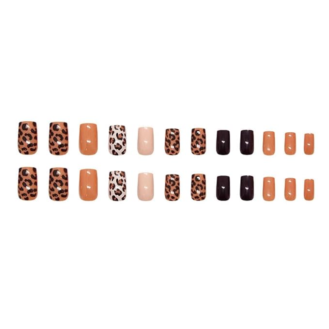 24Pcs Leopard Print Press on Nails Medium Square Fake Nails Nude Nails Press ons Cheetah Stick on Nails Full Cover Artificial Nail Brown Black Acrylic Nails Solid Color False Nails for Women Girls