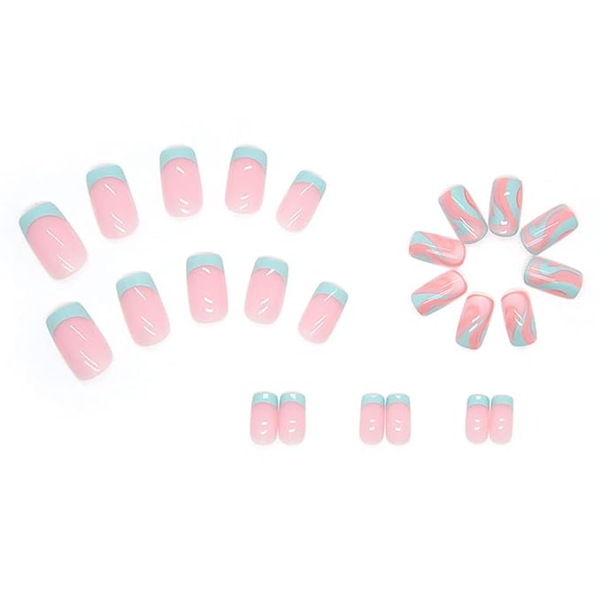 RikView French Tip Press on Nails Medium Fake Nails Blue Nails for Women with Swirls Design Square Acrylic Nails