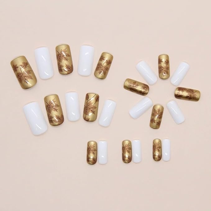 Gold Press on Nails Medium Square Fake Nails Leaf Acrylic Nails Fall False Nails Glossy Glue on Nails White Stick on Nails Luxury Artificial Nails for Women Girls Manicure 24Pcs