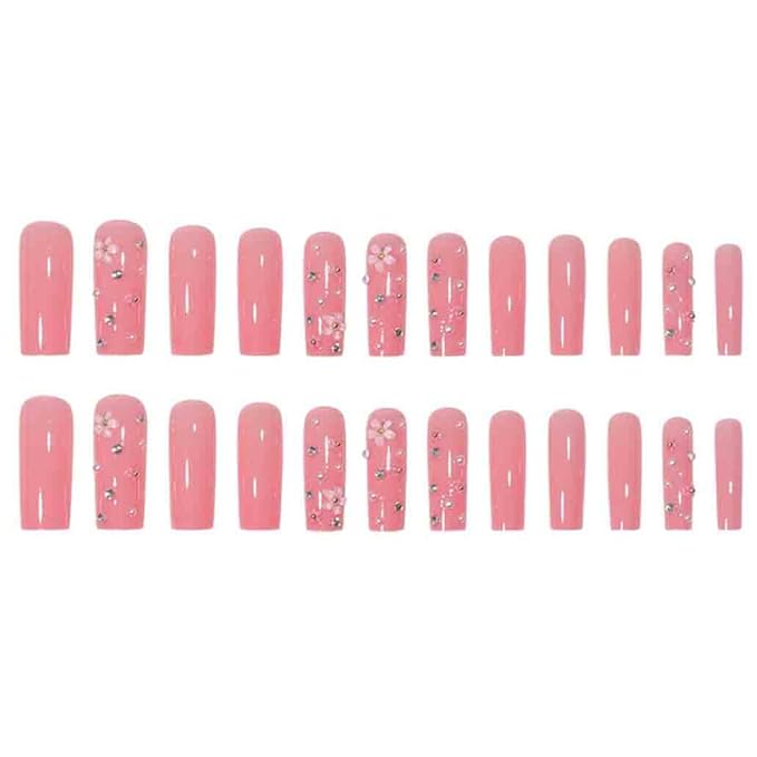Pink Press on Nails Long 3D Flower Fake Nails Square Bling Glossy Rhinestone False Nail Tips Artificial Nails Finger Manicure for Women and Girls,24pcs
