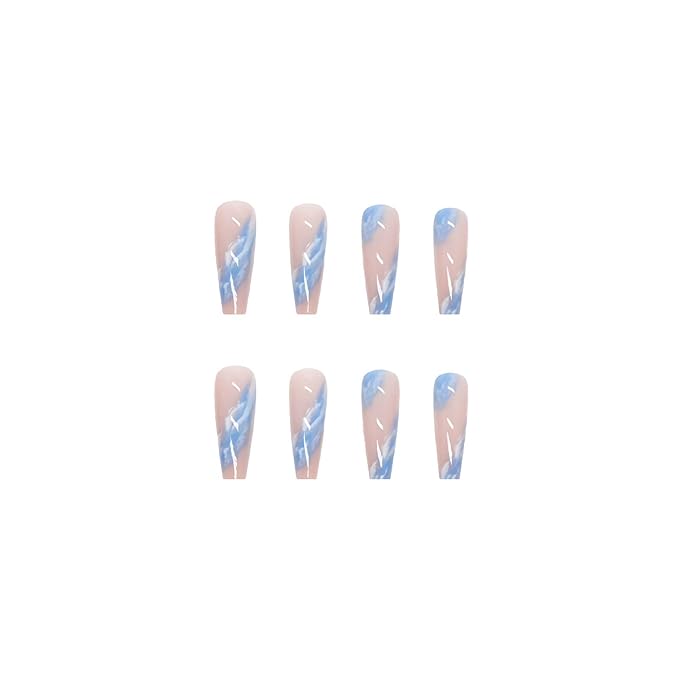 BABALAL Coffin Press-on Long French False Nails - 24pcs Blue Glossy Acrylic Nails with Nail Glue