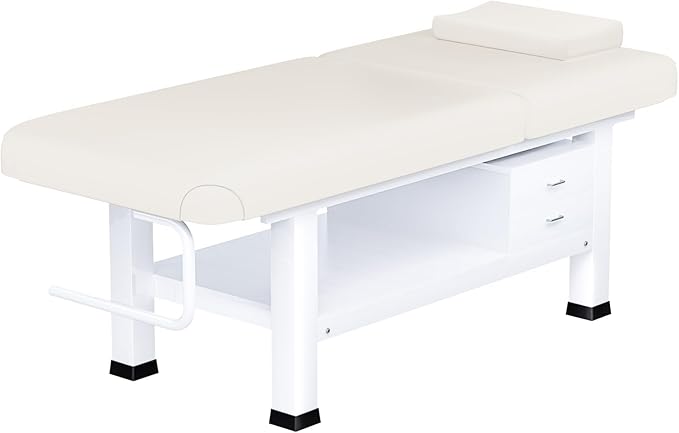 Massage Table with Towel Rack and Storage, 1500lbs Weight Capacity Iron Base Massage Bed Adjustable Backrest for Professional & Home Use, Spa Treatment Table for Relaxation and Therapy, Beige