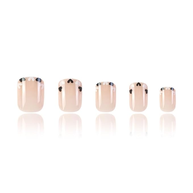 Short Square French Tip Fake Nails with Heart Love Design - Cute Nude Nature Squoval False Glossy Glue on Nails 24 Pcs