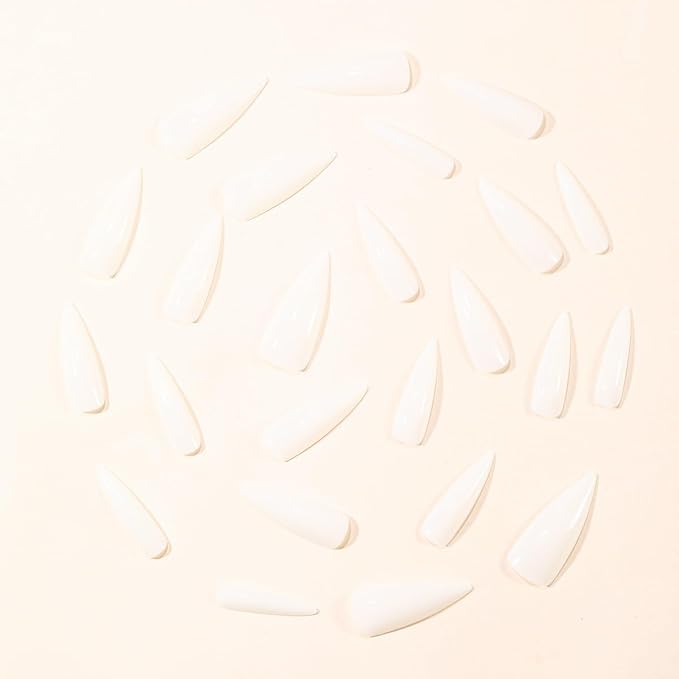 Almond Press on Nails Long Solid White Fake Nails Full Cover Glossy Stick on Reusable False Nails for Women 24 Pcs