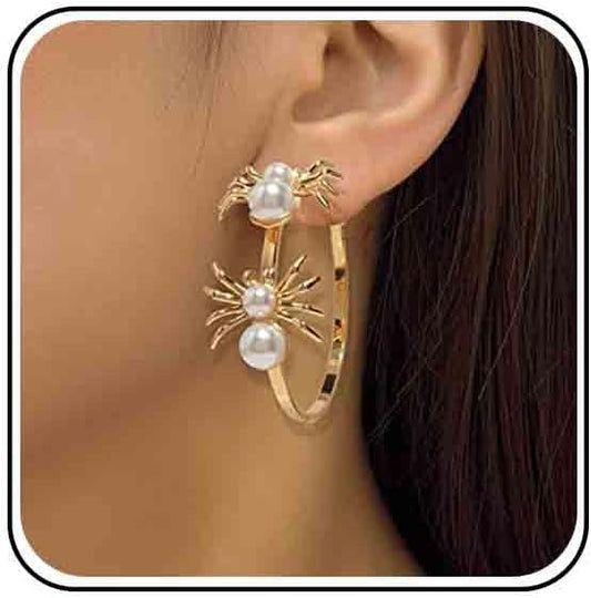 Vintage Hollow Circle Drop Earrings Pearl Spider Dangle Earrings Gold Spider Circle Earrings Exaggerated Circle Huggie Hoop Earrings Jewelry for Women