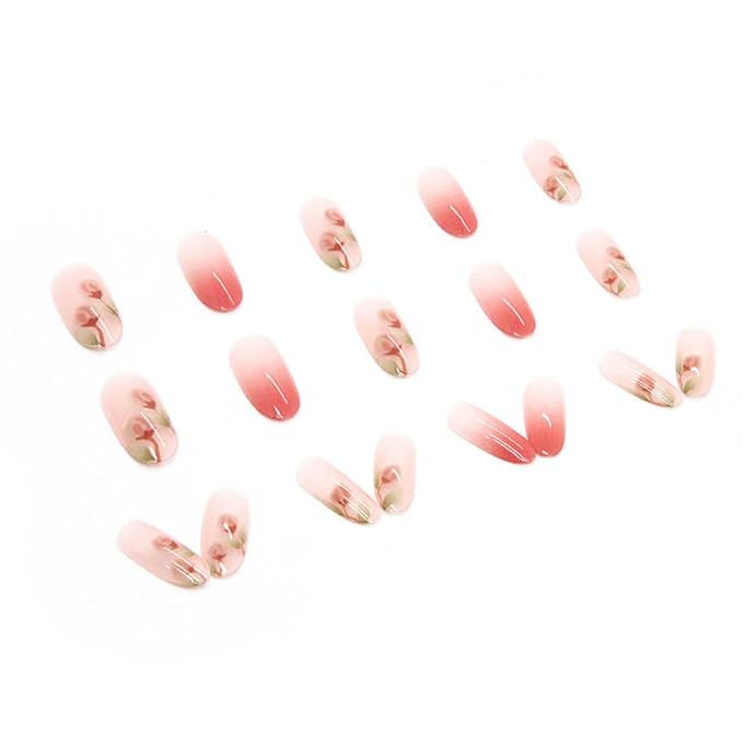 RikView French Tip Press on Nails Medium Stick on Nails Pink Fake Nails Almond Nails for Women with Flowers Design