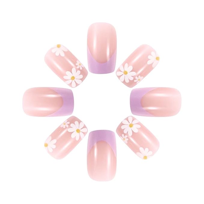 Square Press on Nails Medium Fake Nails French Tip False Nails with Flower Design Nude Acrylic Nails Artificial Nails Glossy Full Cover Glue on Nails Stick on Nails for Women Manicure 24Pcs