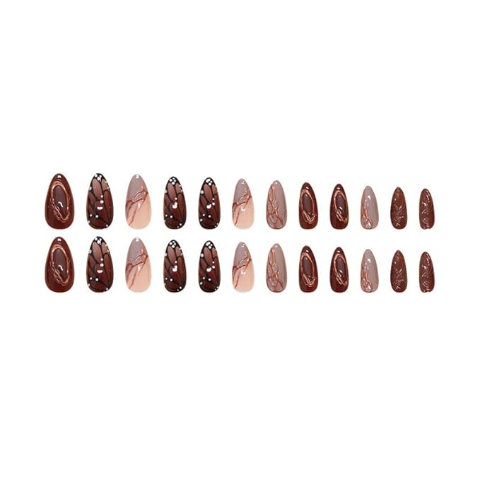 Almond Press on Nails Brown Butterfly Fake Nails 3D Gold Line Acrylic Nails Medium Artificial Nails Glossy French Tip False Nails Glue on Nails for Women Girls Manicure Nails Decoration