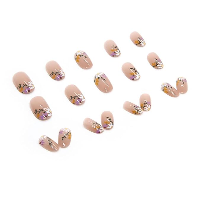 RikView French Tip Press on Nails Medium Acrylic Nails with Flowers Design Almond Fake Nails Nude Nails for Women