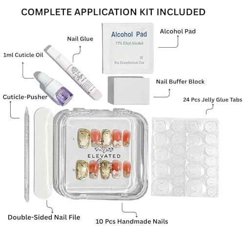 Large-Golden Garden Fake Nails Press-On Manicure Kit for Women | French Tip 10 Nails | Nail Glue, Dual Nail File, Cuticle Stick, Buffer Block | Measure Before Ordering