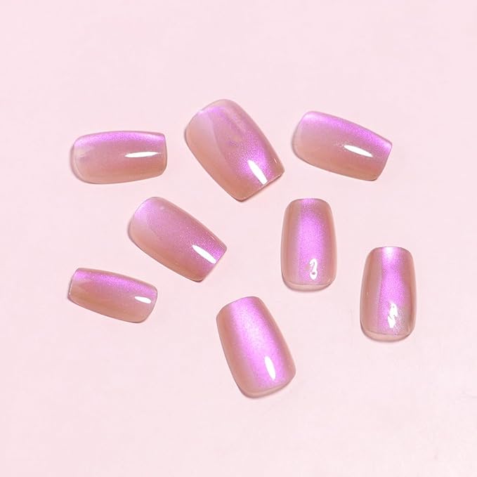 Square Press on Nails Short Pink Chrome Fake Nails Nude False Nails Press Ons Full Cover Glossy Acrylic Nails Ombre Glitter Shiny Artificial Nails for Women Girls Manicure 15 Size - 30 Pcs