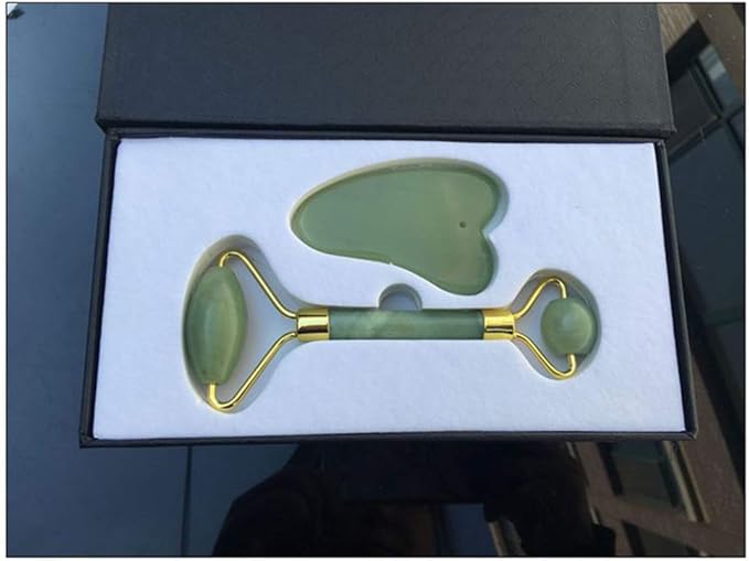rosenice Gua Sha Facial Tools Guasha Tool Gua Sha Jade Stone for Face Skincare Facial Body Acupuncture Relieve Muscle Tensions Reduce Puffiness Festive Gifts (Green-Set)