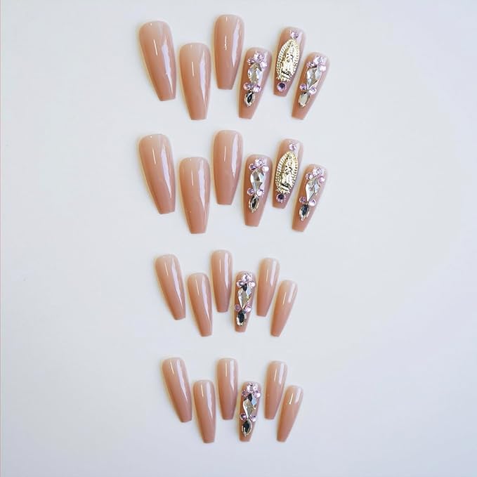 24Pcs Nude Pink Coffin Press on Nails Medium Square Fake Nails with San Judas Virgin Mary Rhinestones Gems Full Cover Glue on Nails Glossy Acrylic False Nails for Women DIY Stick on Nail Decorations